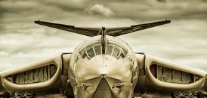 Head-on view of a Handley Page Victor V-bomber's distinctive crescent wing and T-tail