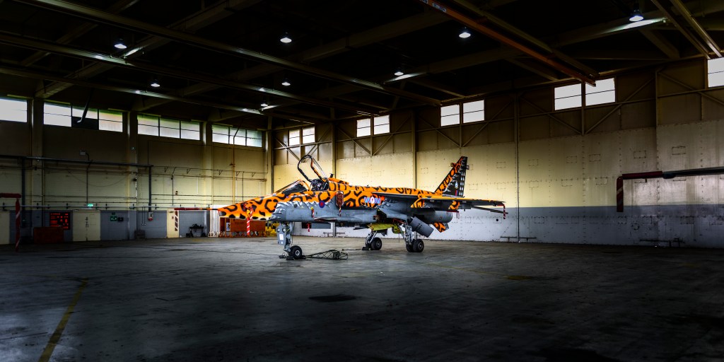 SEPECAT Jaguar fighter jet painted in a bold orange and black tiger-stripe livery