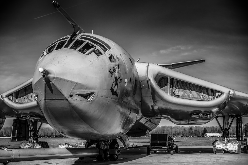 Black and white close-up of a Handley Page Victor bomber's nose art 'Teasin' Tina'