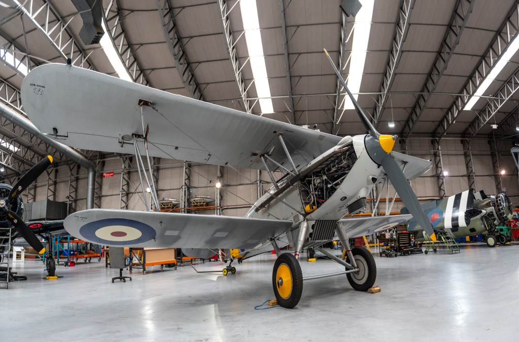 Hawker Nimrod biplane fighter in a hangar at Duxford