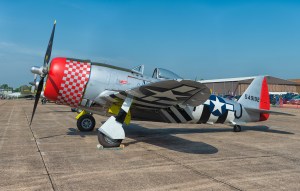 Side profile of a Republic P-47 Thunderbolt fighter aircraft at Duxford