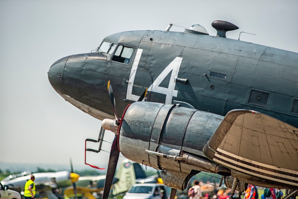 Douglas C-47 Dakota transport aircraft parked on the flight line at Duxford