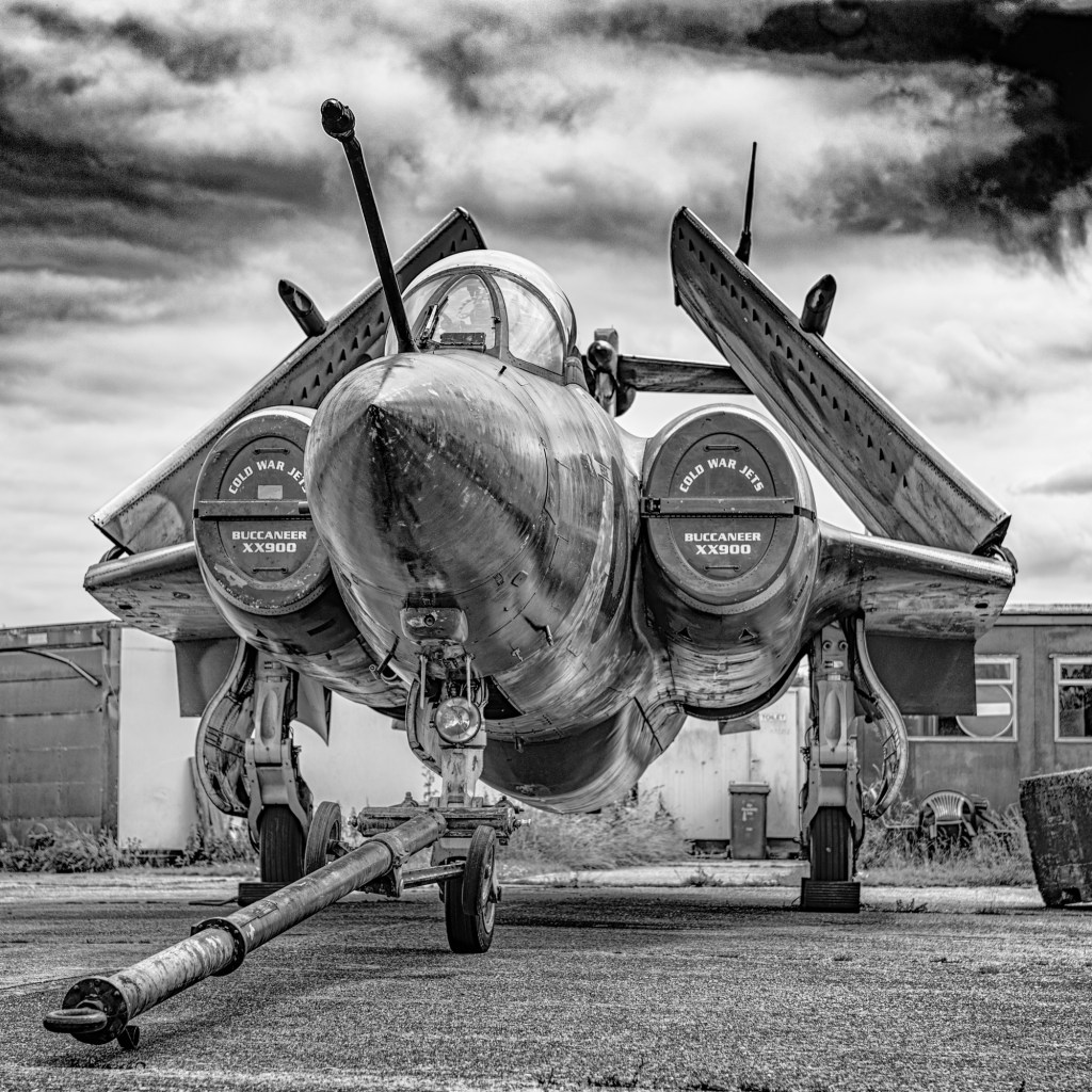 Black and white nose-on close-up of Blackburn Buccaneer XX900