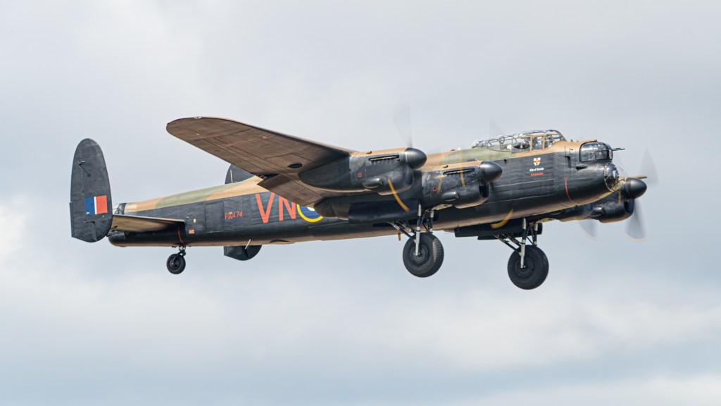 Avro Lancaster PA474 of the Battle of Britain Memorial Flight in flight with its wheels down