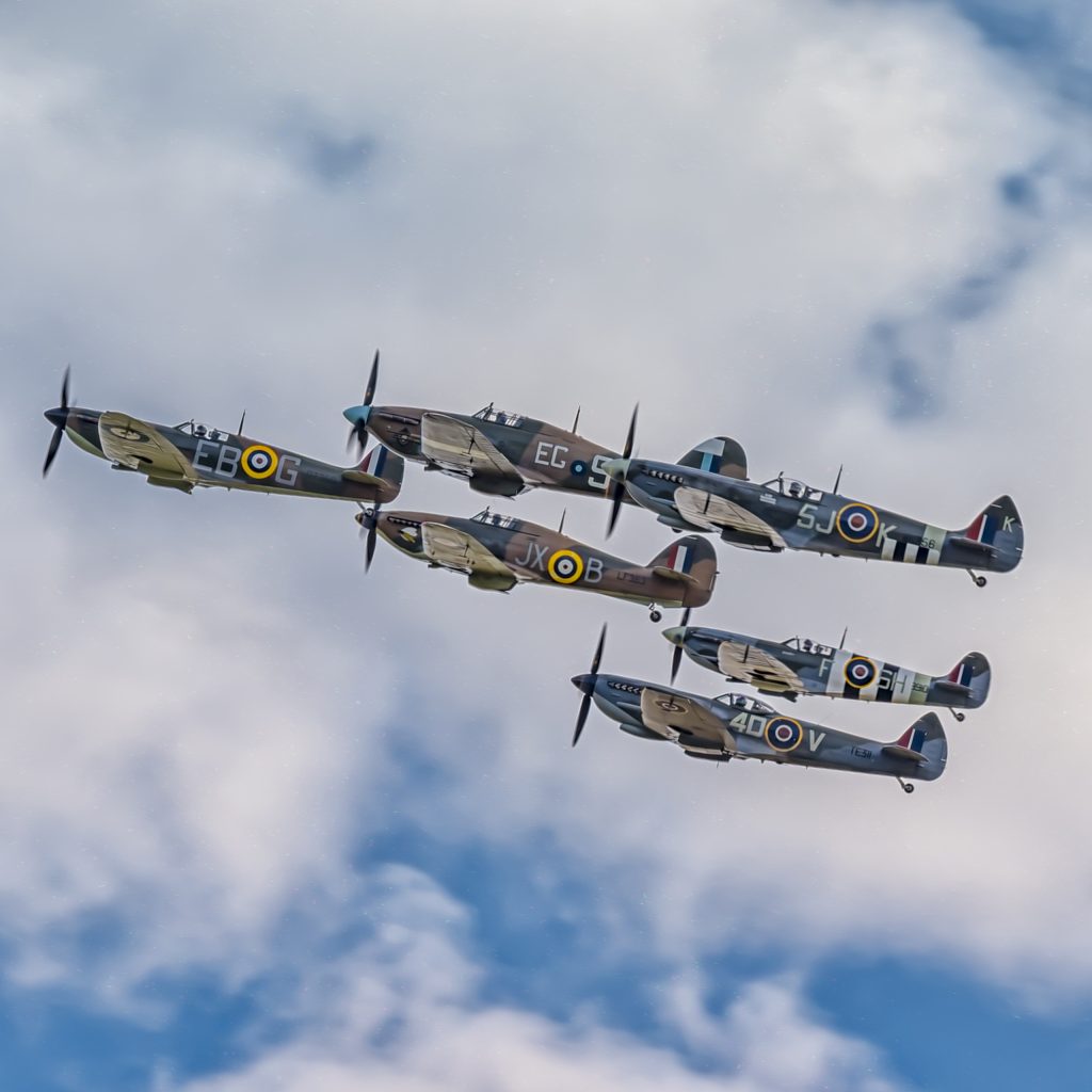 Formation of Spitfires and Hurricanes in flight